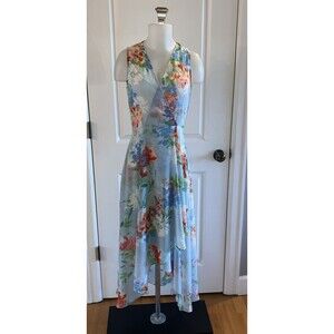 Calvin Klein Faux Wrap Dress Size 2 Blue Floral High Low Midi Garden Cottage‎